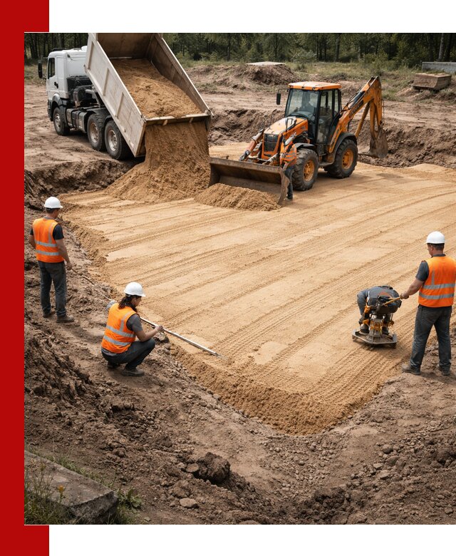 Устройство песчаной подушки для фундаментов и дорог в Волхове